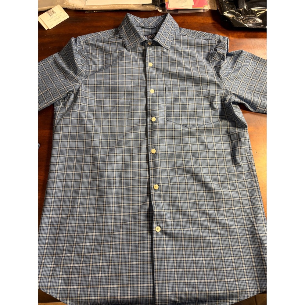 Chaps Mens Blue Plaid Short Sleeve Button Down Shirt Small S Pocket Casual